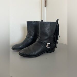 Rebecca Minkoff Black Leather Sanura Moto Boots with Suede Fringe | Size 8